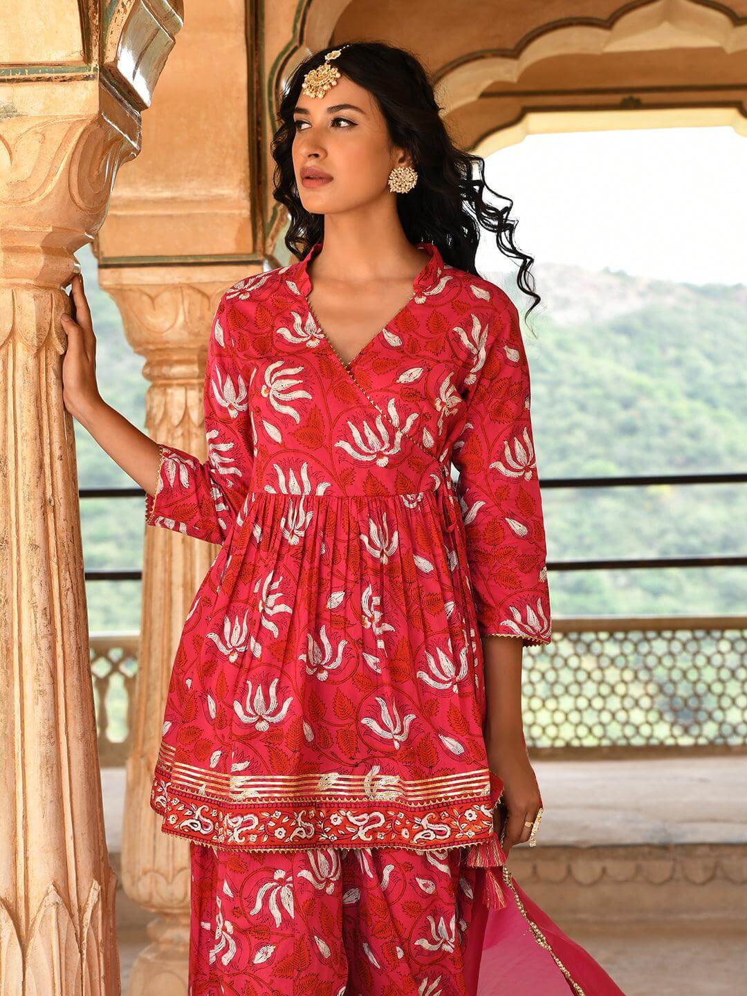 Pink Cotton Floral Block Print Short Kurta with Gharara and Dupatta