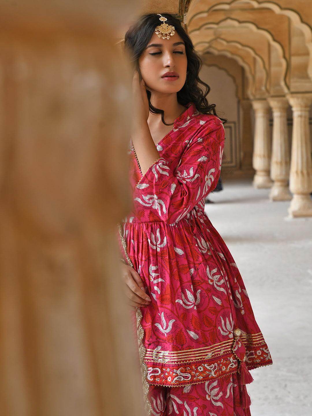Pink Cotton Floral Block Print Short Kurta with Gharara and Dupatta