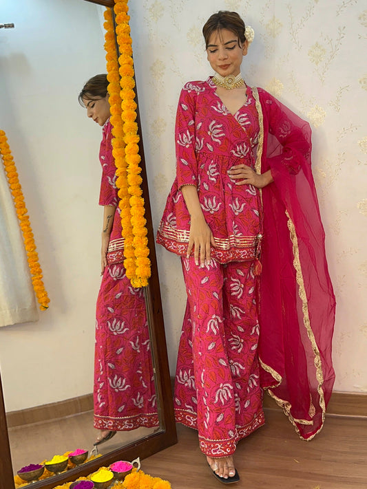 Pink Cotton Floral Block Print Short Kurta with Gharara and Dupatta