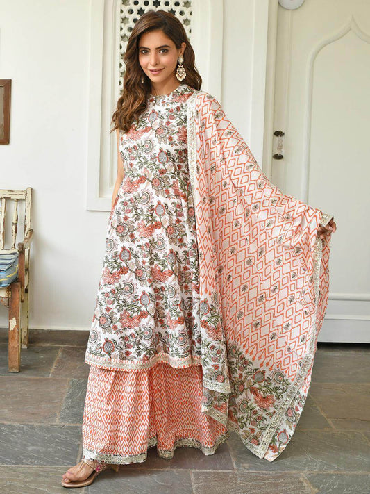 White Cotton Floral Block Print Kurta with Sharara and Dupatta