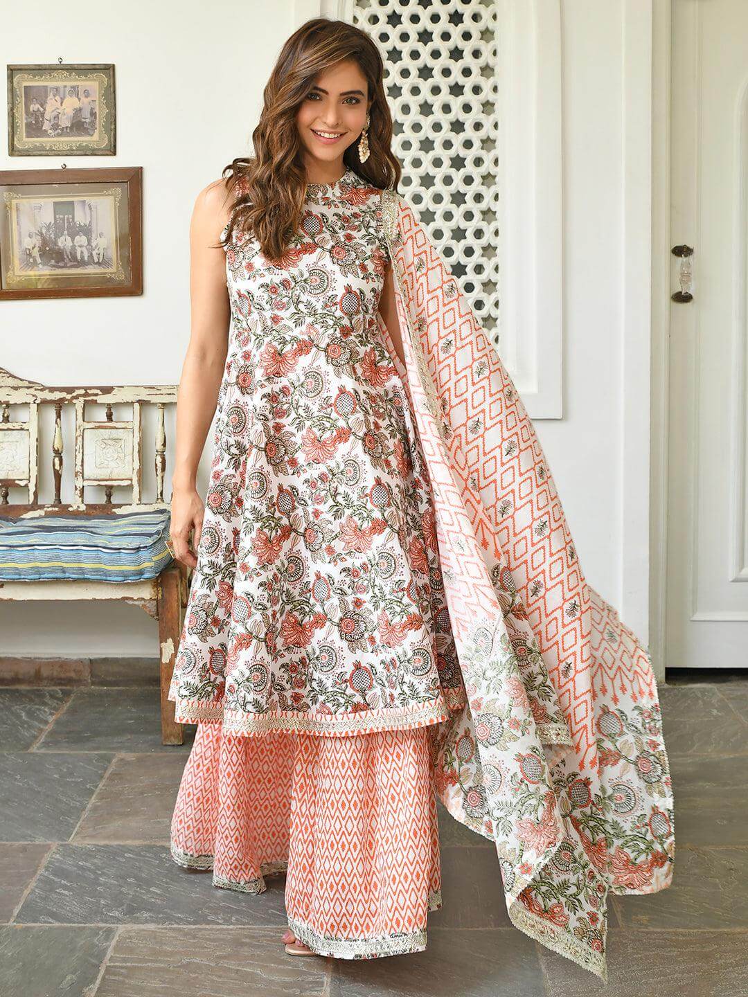 White Cotton Floral Block Print Kurta with Sharara and Dupatta