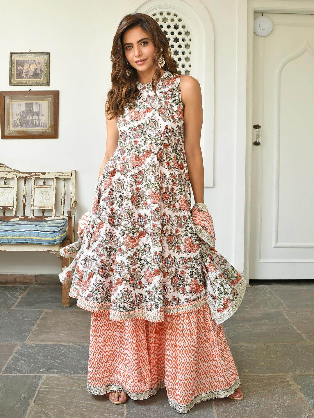 White Cotton Floral Block Print Kurta with Sharara and Dupatta
