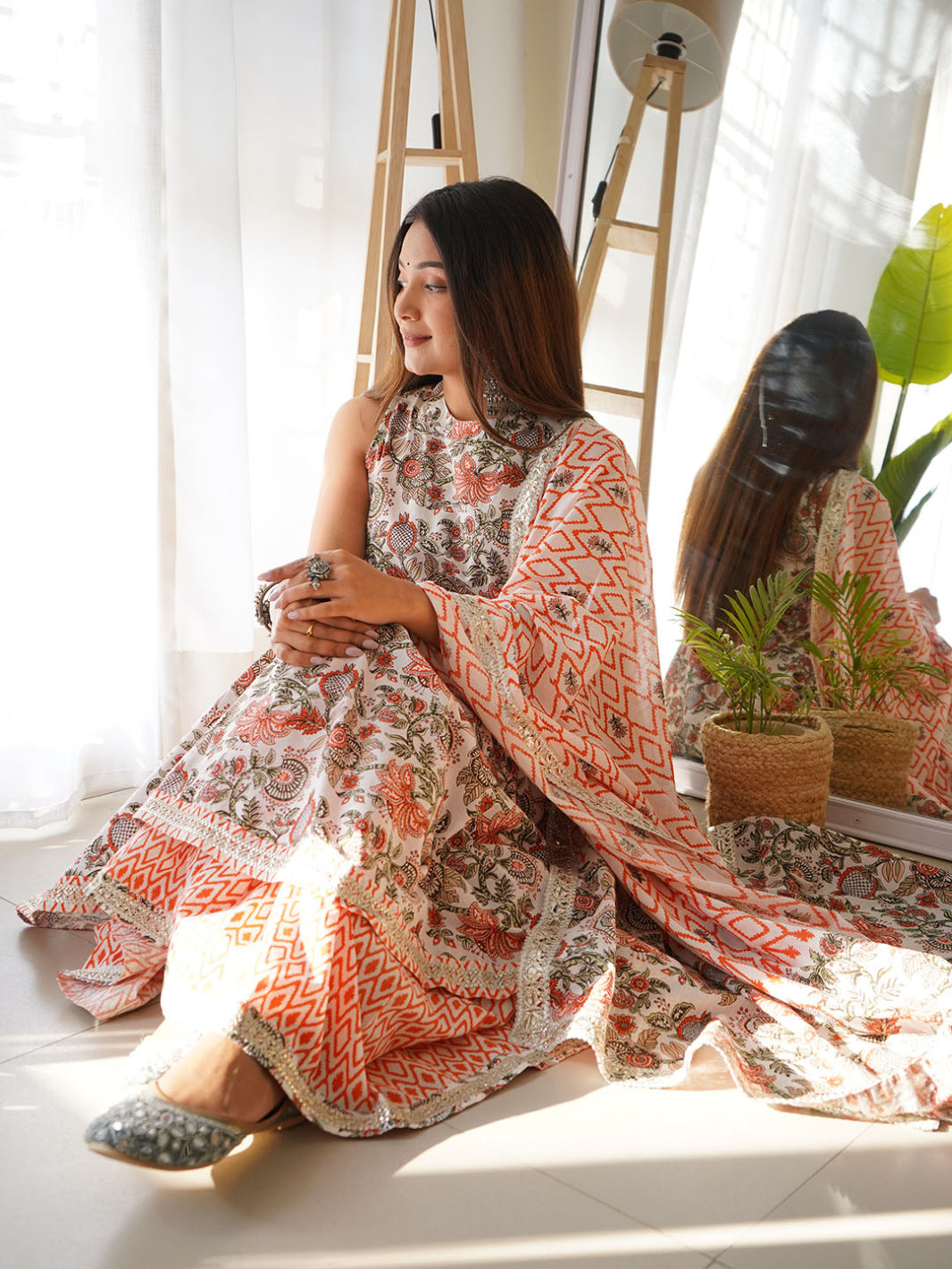 White Cotton Floral Block Print Kurta with Sharara and Dupatta