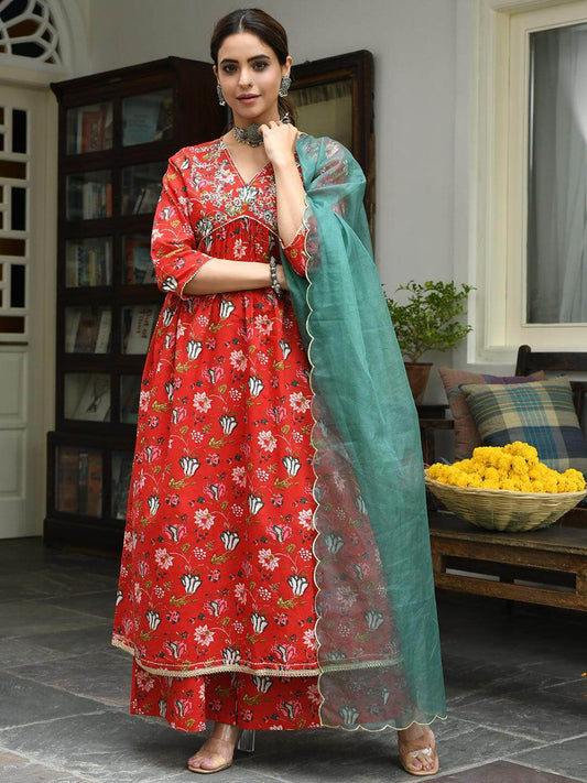 Red Cotton Floral Block Print Kurta with Palazzo and Dupatta