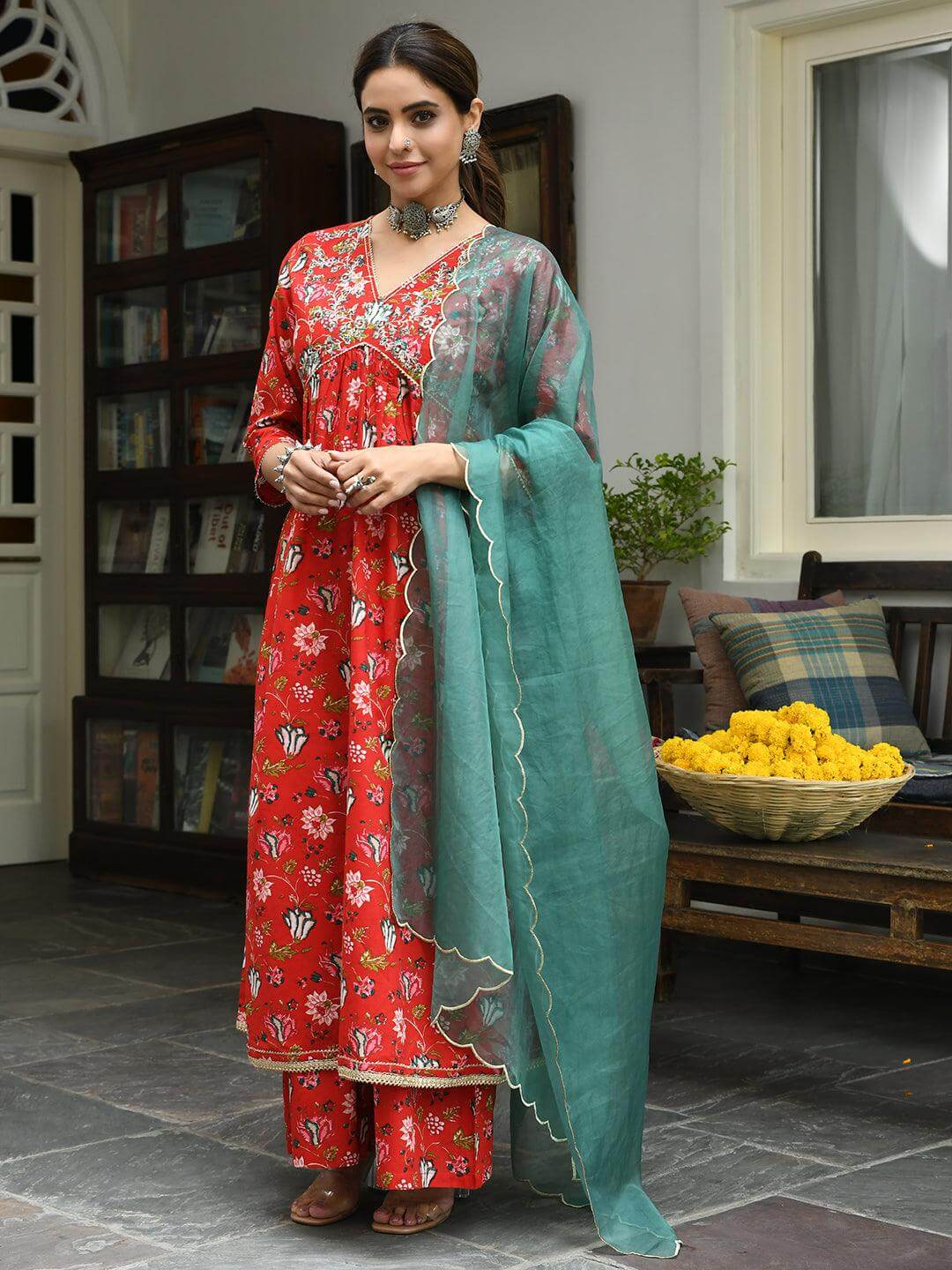 Red Cotton Floral Block Print Kurta with Palazzo and Dupatta