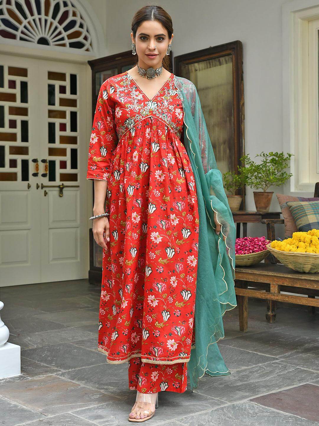 Red Cotton Floral Block Print Kurta with Palazzo and Dupatta