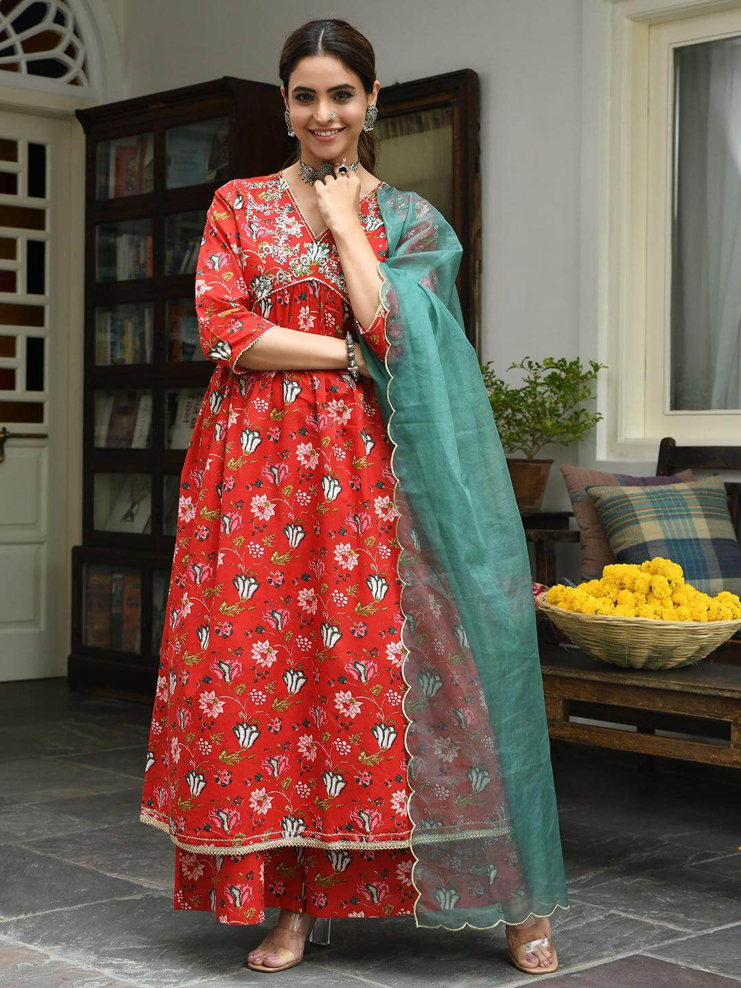 Red Cotton Floral Block Print Kurta with Palazzo and Dupatta