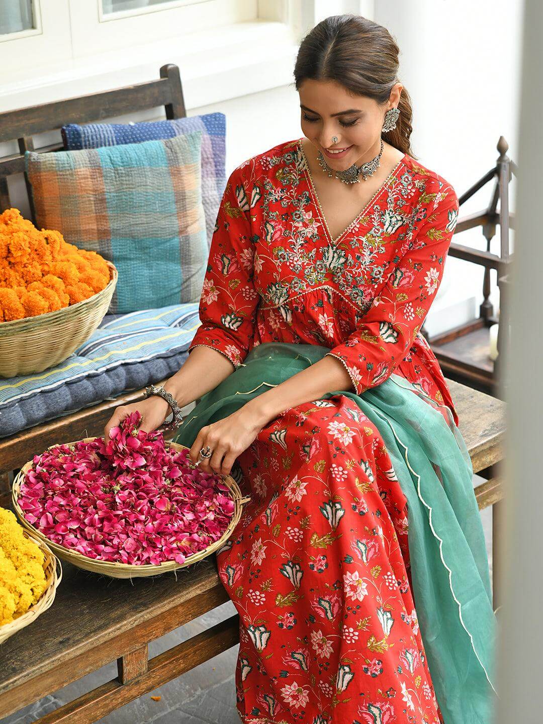 Red Cotton Floral Block Print Kurta with Palazzo and Dupatta