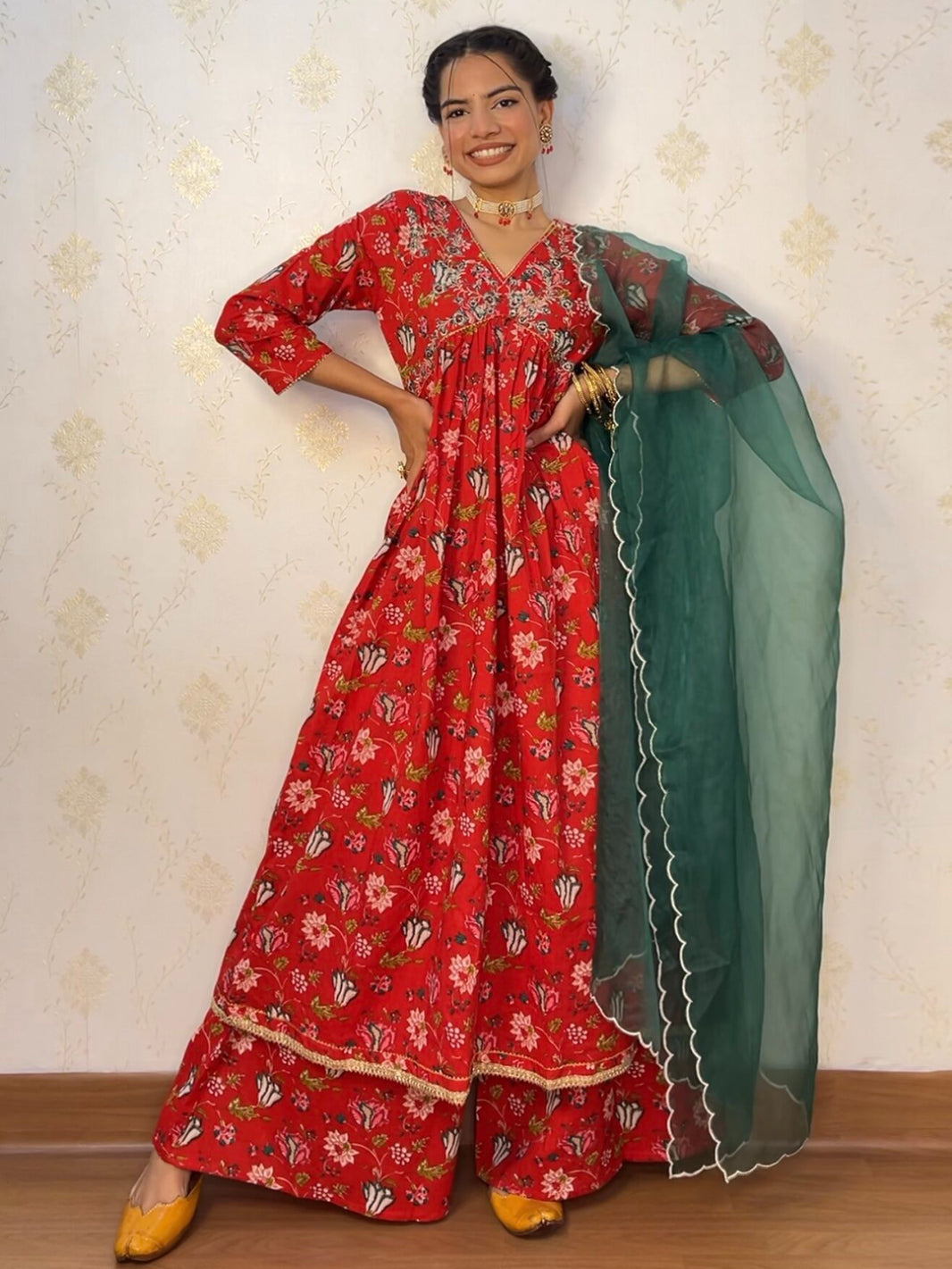 Red Cotton Floral Block Print Kurta with Palazzo and Dupatta