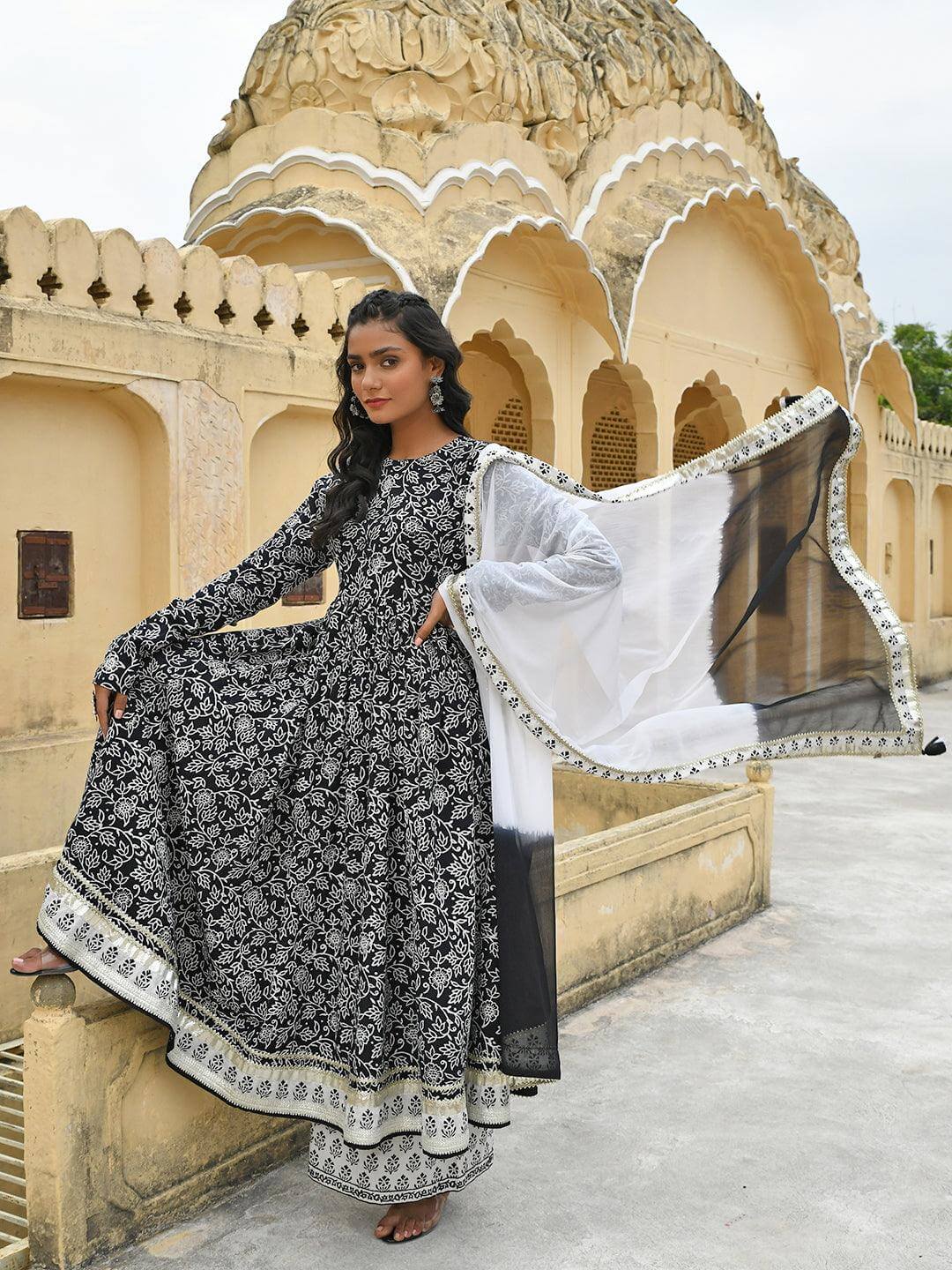 Black Cotton Floral Print Kurta with Palazzo and Dupatta