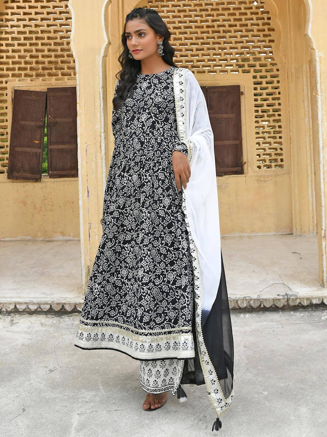 Black Cotton Floral Print Kurta with Palazzo and Dupatta