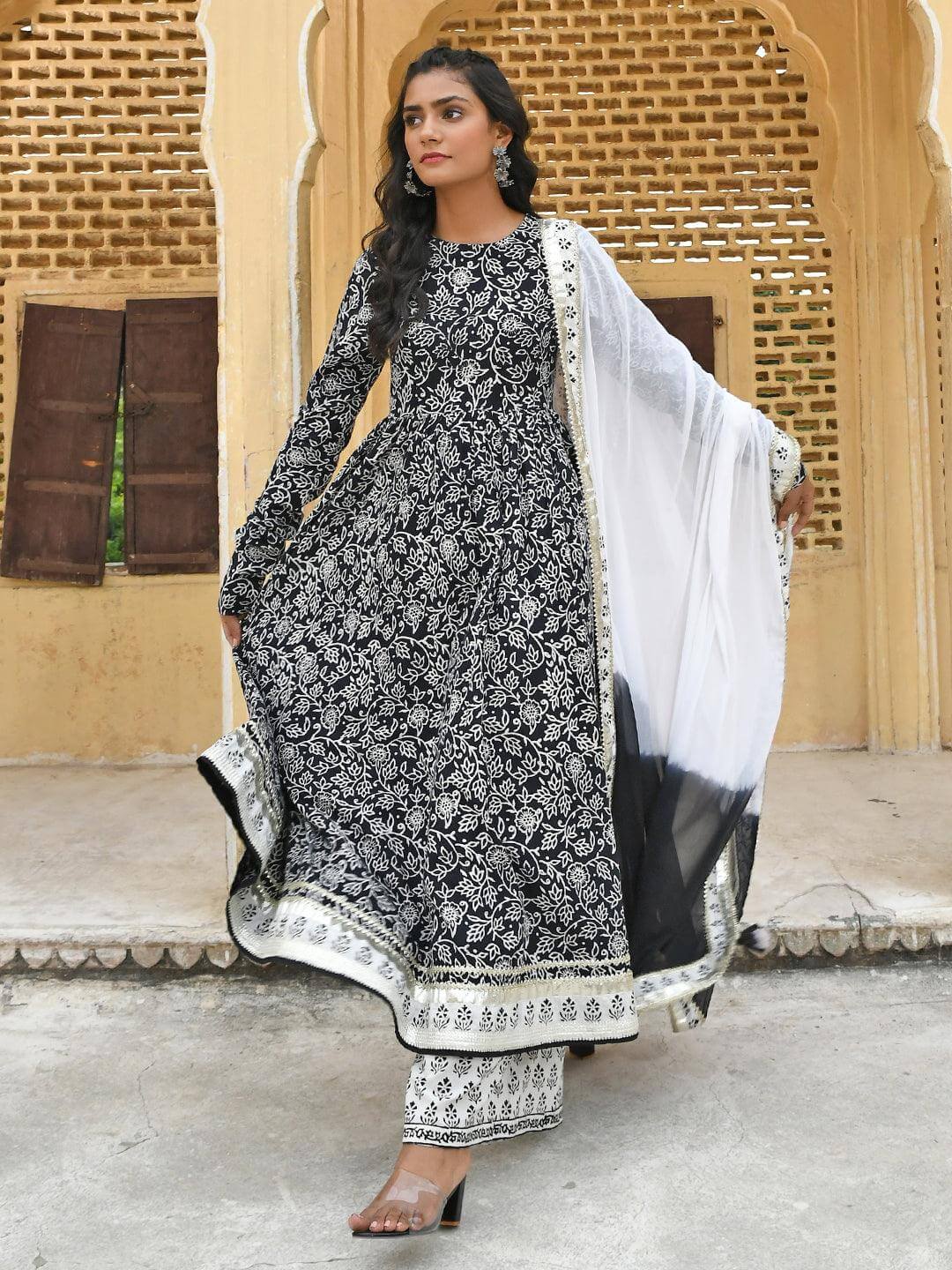 Black Cotton Floral Print Kurta with Palazzo and Dupatta