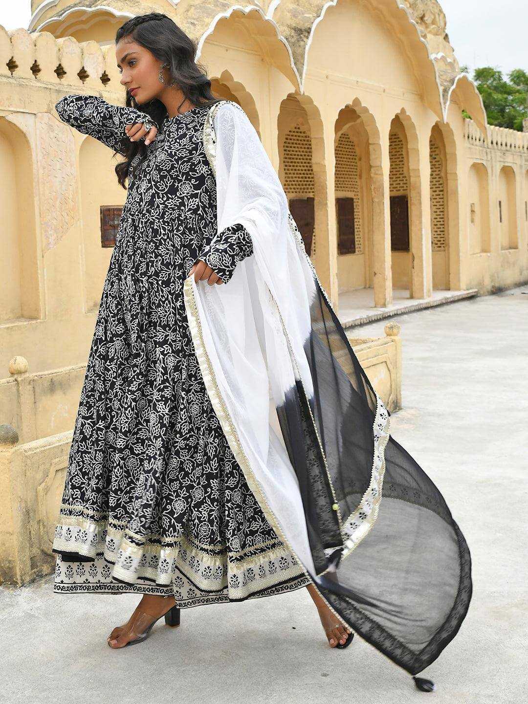 Black Cotton Floral Print Kurta with Palazzo and Dupatta