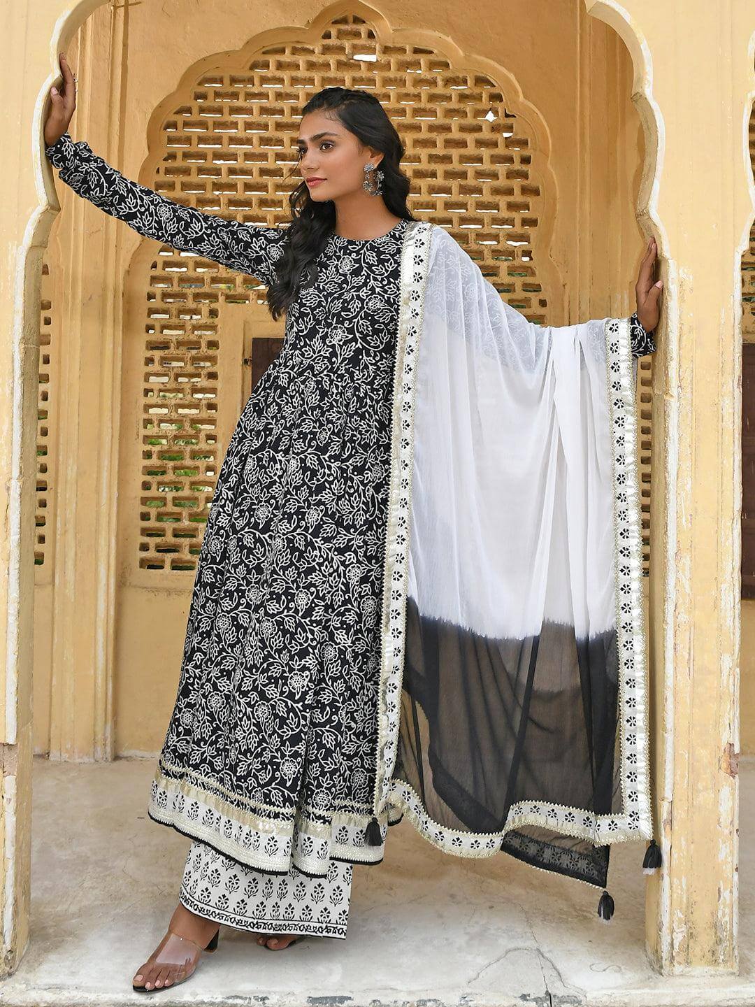 Black Cotton Floral Print Kurta with Palazzo and Dupatta