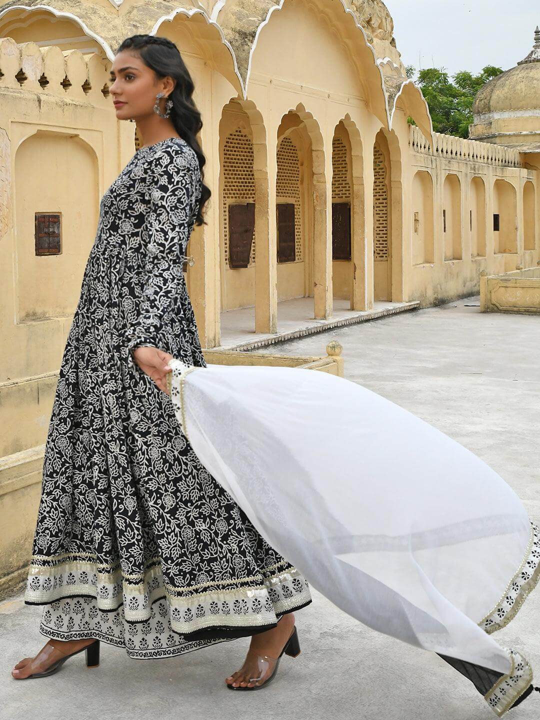 Black Cotton Floral Print Kurta with Palazzo and Dupatta