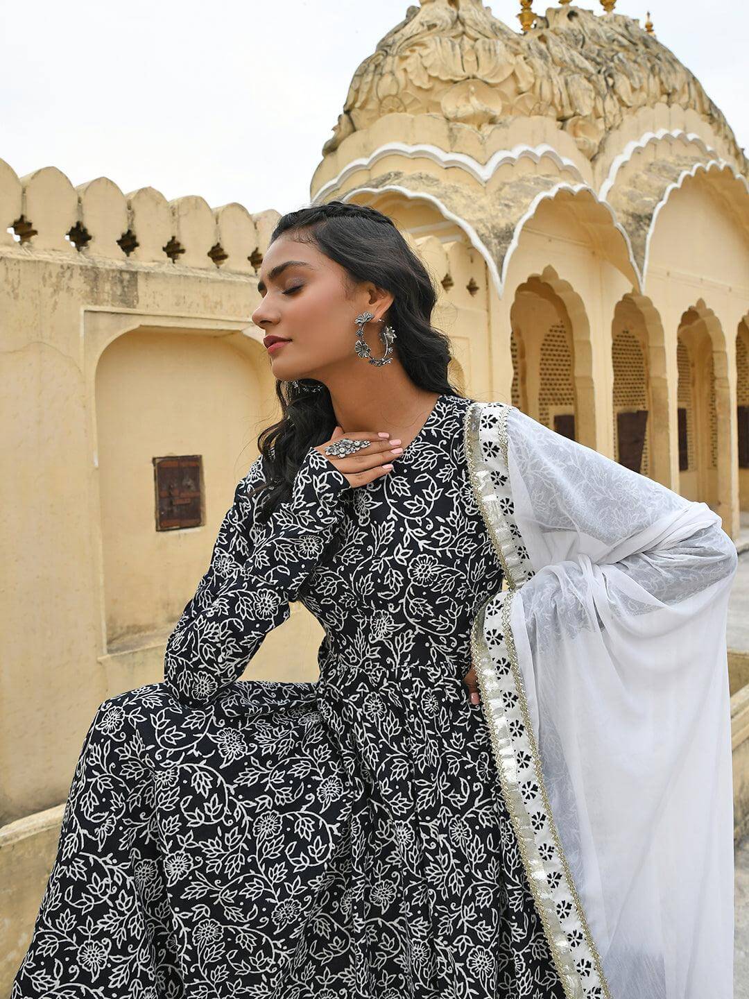 Black Cotton Floral Print Kurta with Palazzo and Dupatta