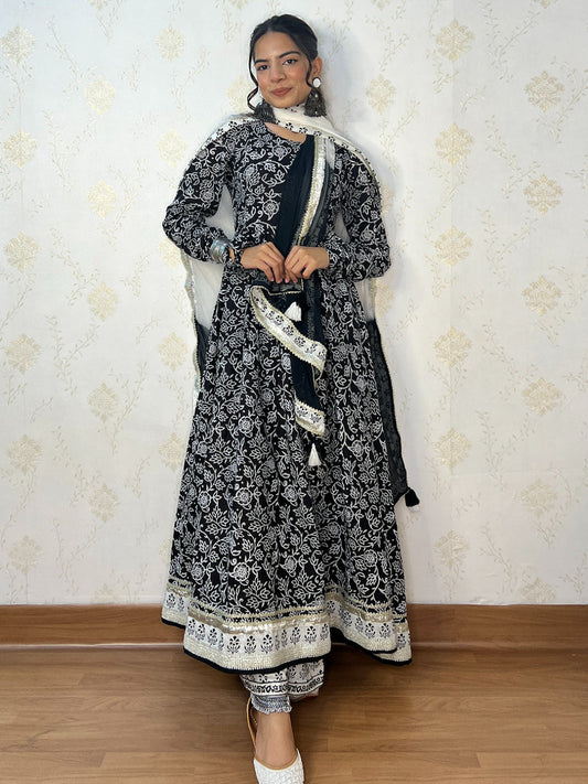Black Cotton Floral Print Kurta with Palazzo and Dupatta
