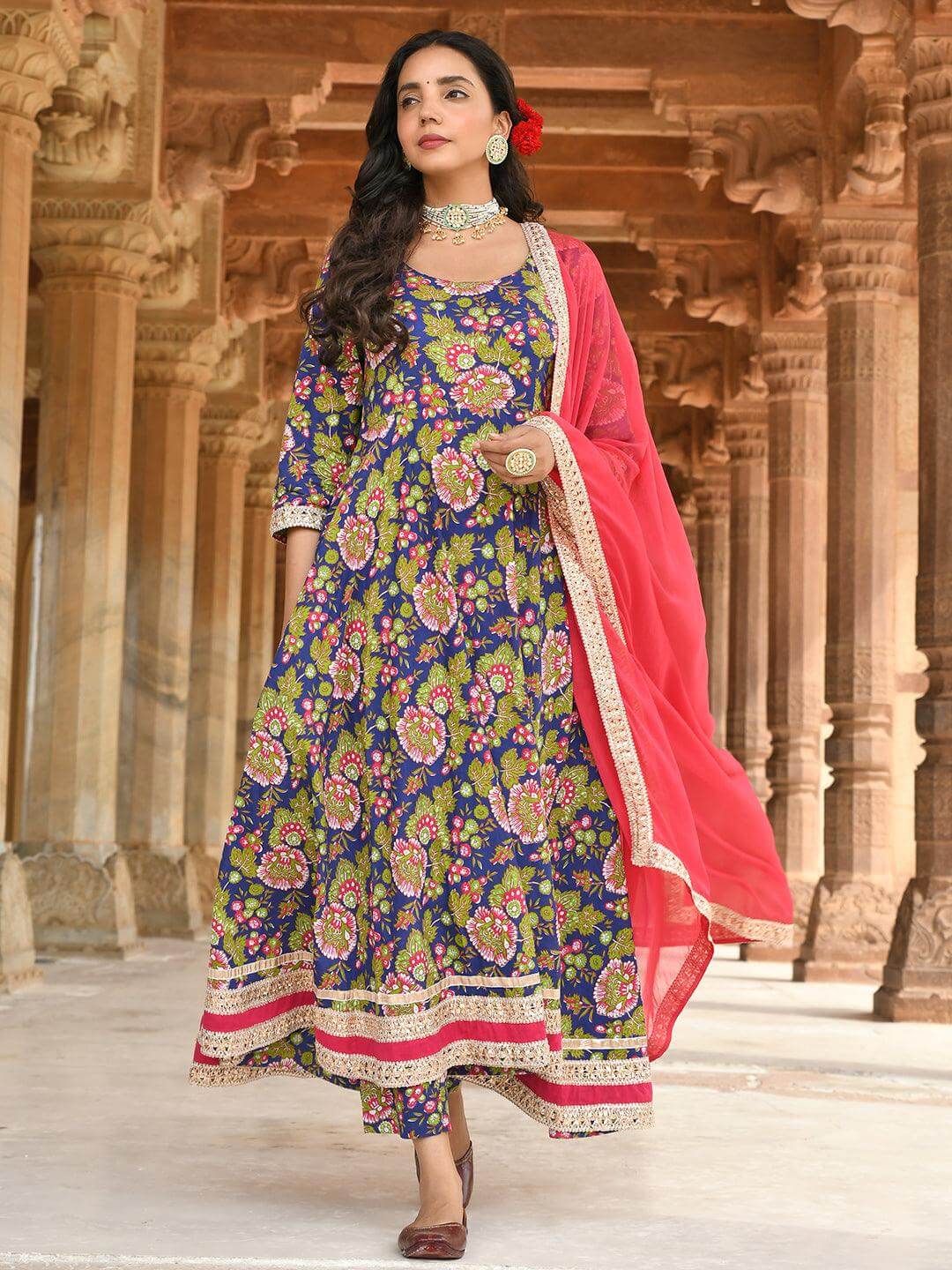 Blue Cotton Floral Block Print Kurta with Pant and Dupatta