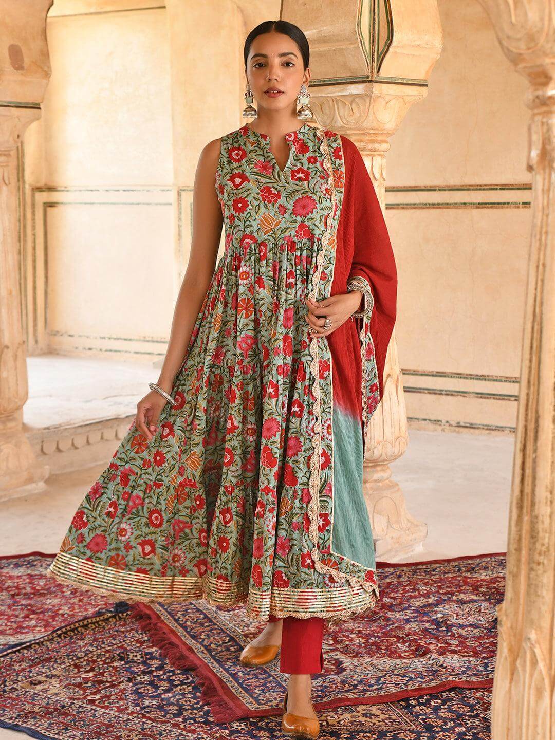 Sea green Cotton Floral Block Print Kurta with Pant and Dupatta