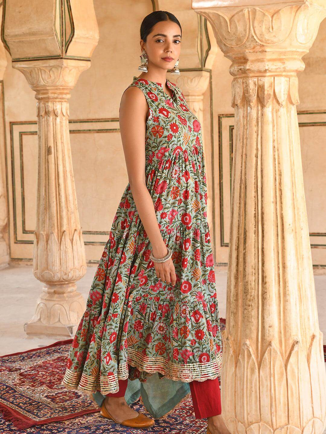 Sea green Cotton Floral Block Print Kurta with Pant and Dupatta