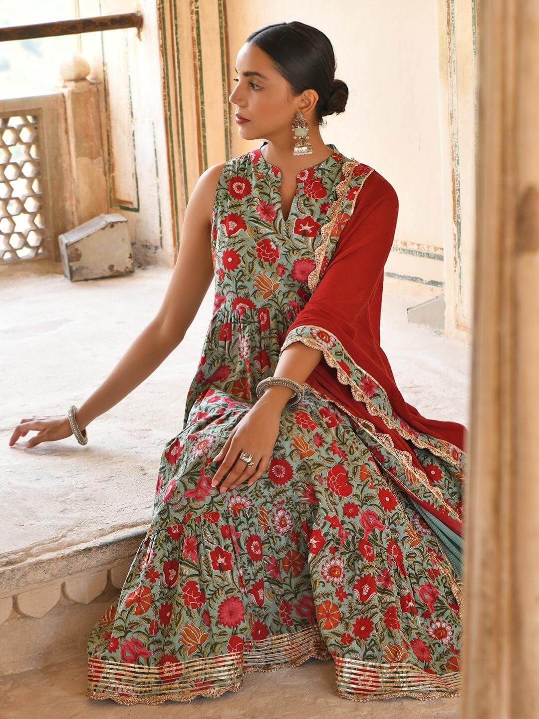 Sea green Cotton Floral Block Print Kurta with Pant and Dupatta