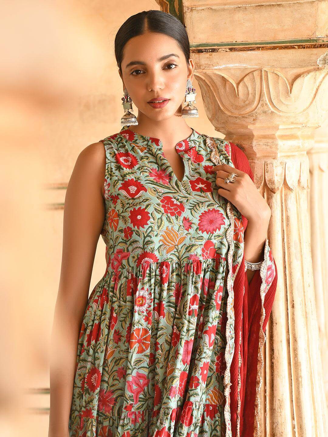 Sea green Cotton Floral Block Print Kurta with Pant and Dupatta