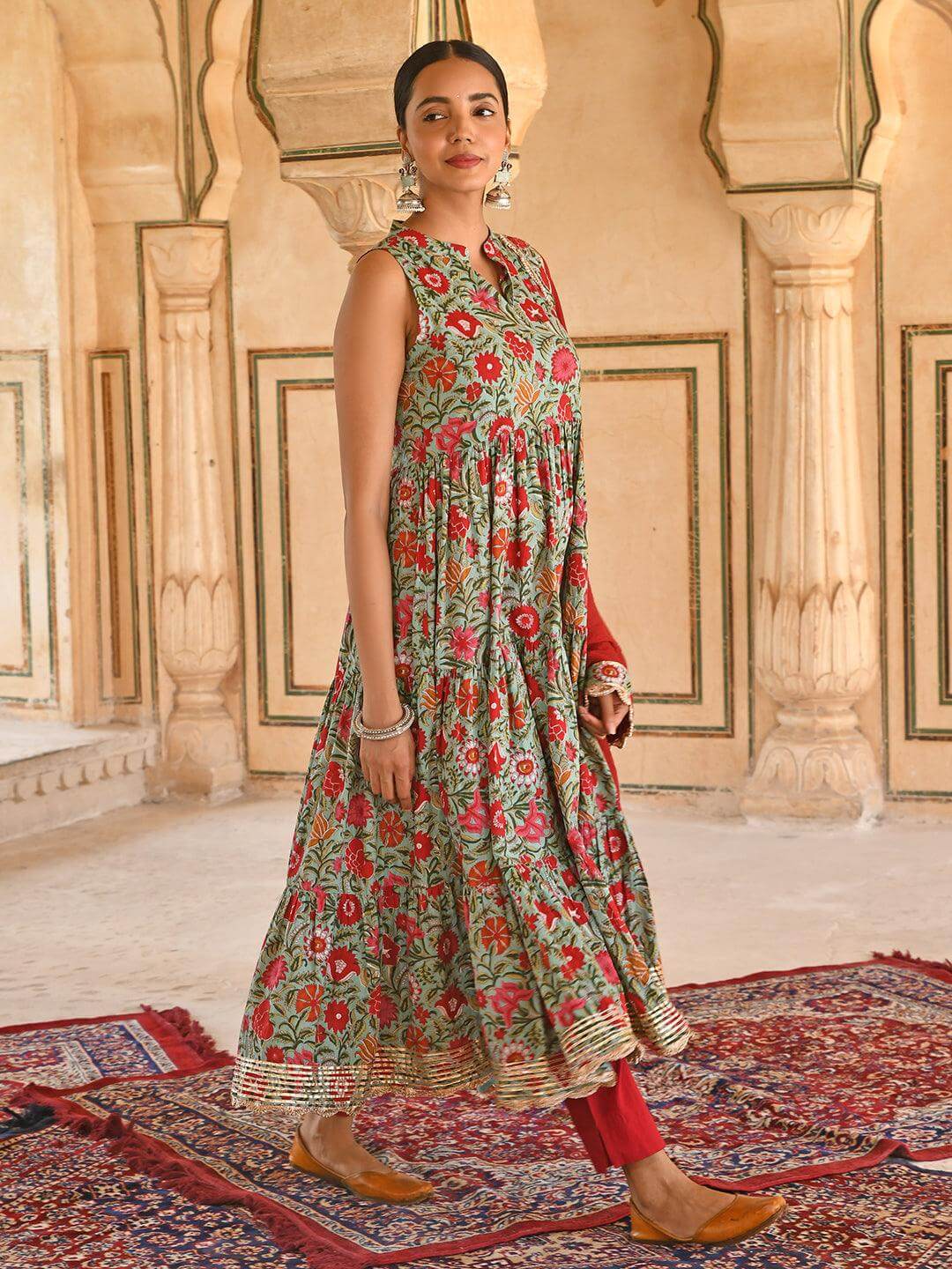 Sea green Cotton Floral Block Print Kurta with Pant and Dupatta