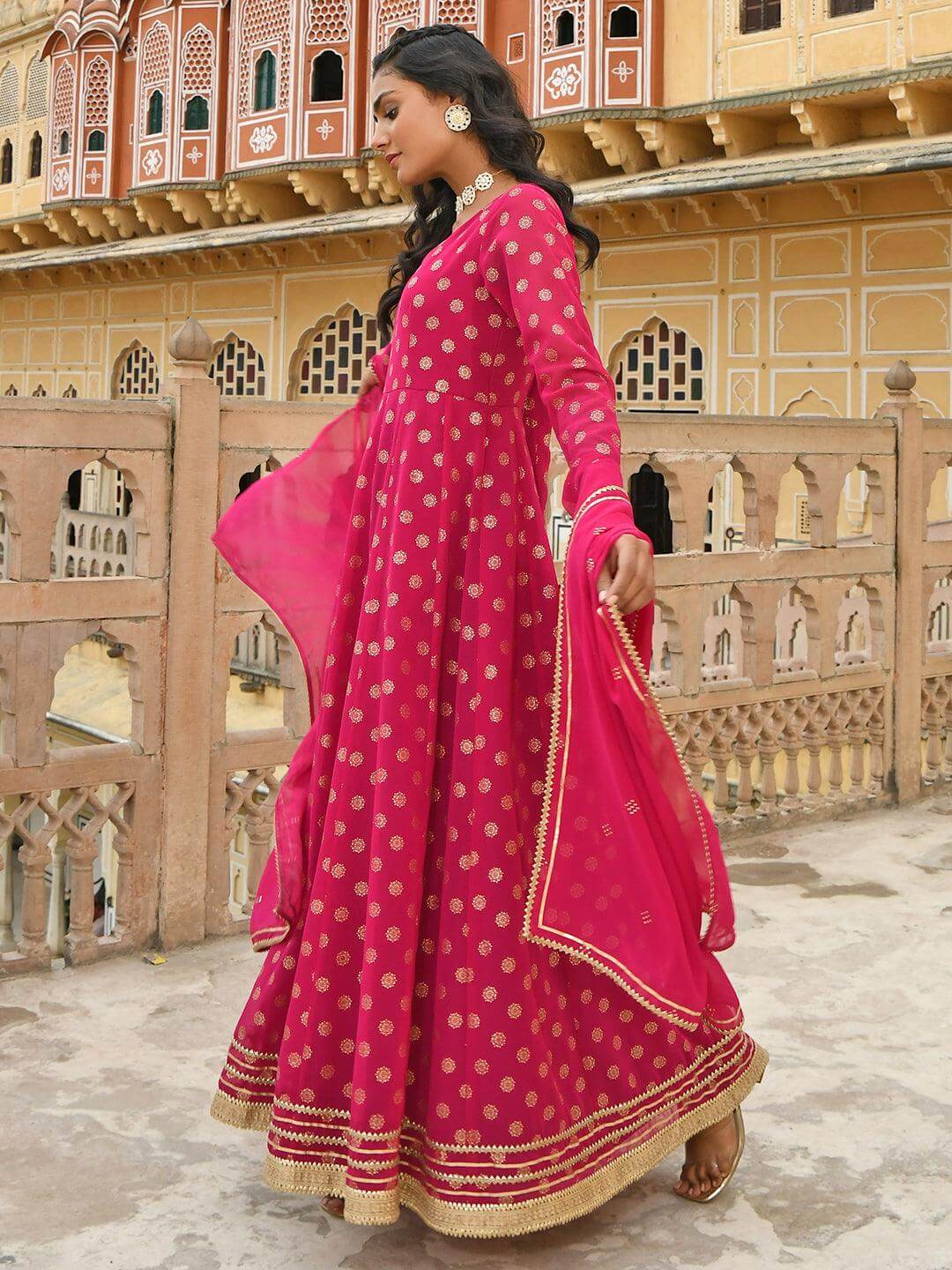 Magenta Georgette Foil Print Kurta with Dupatta