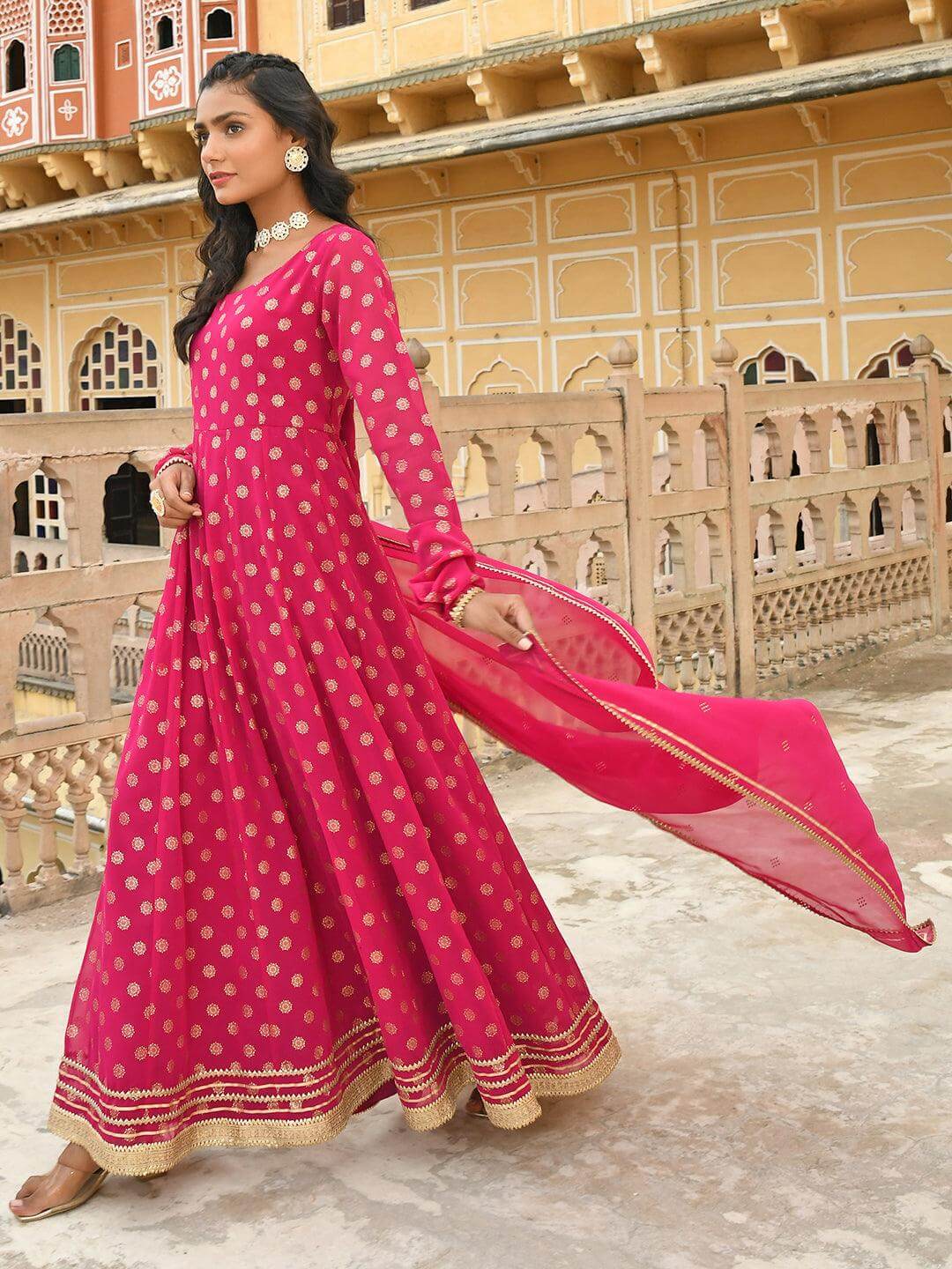 Magenta Georgette Foil Print Kurta with Dupatta