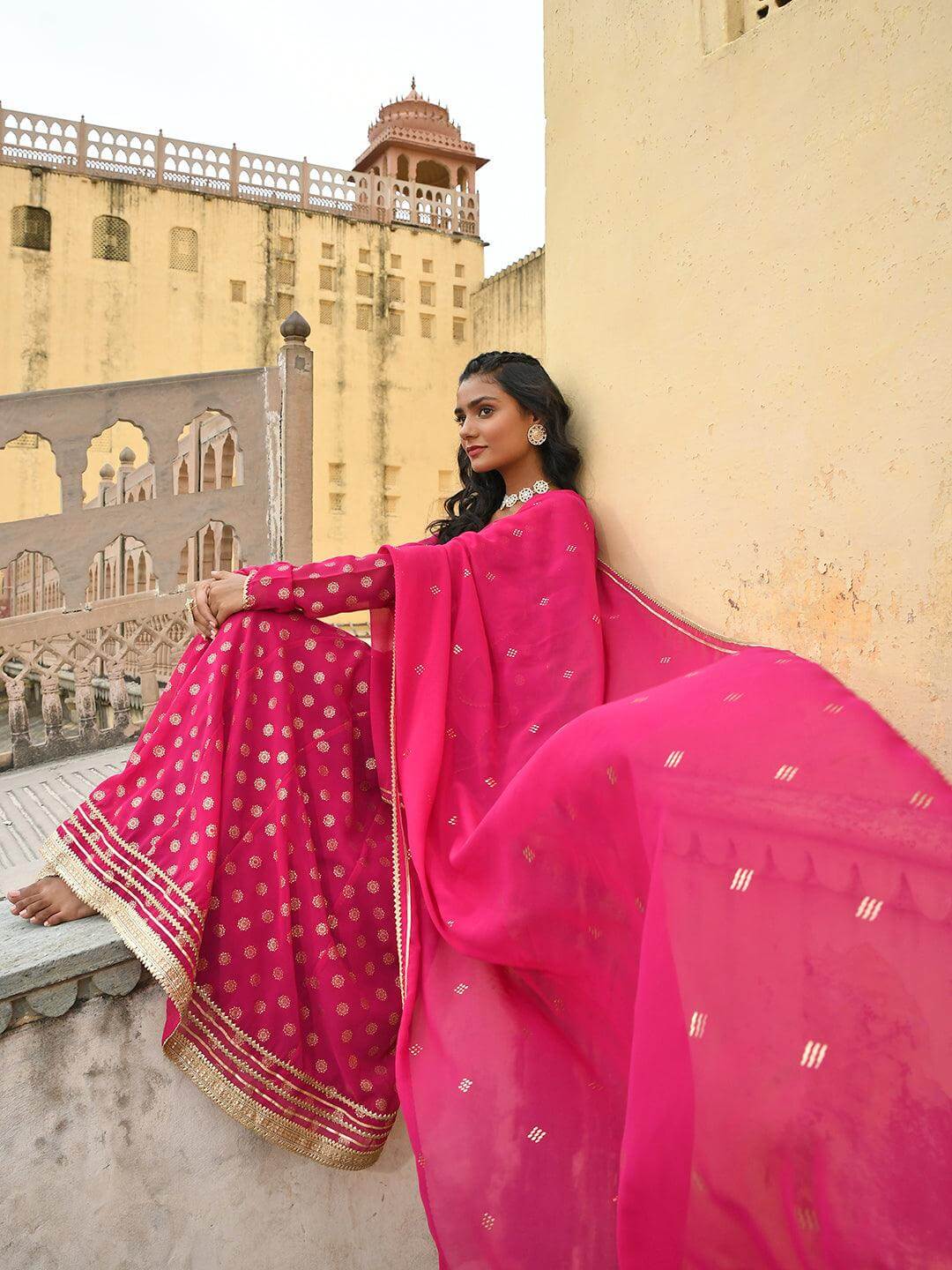 Magenta Georgette Foil Print Kurta with Dupatta