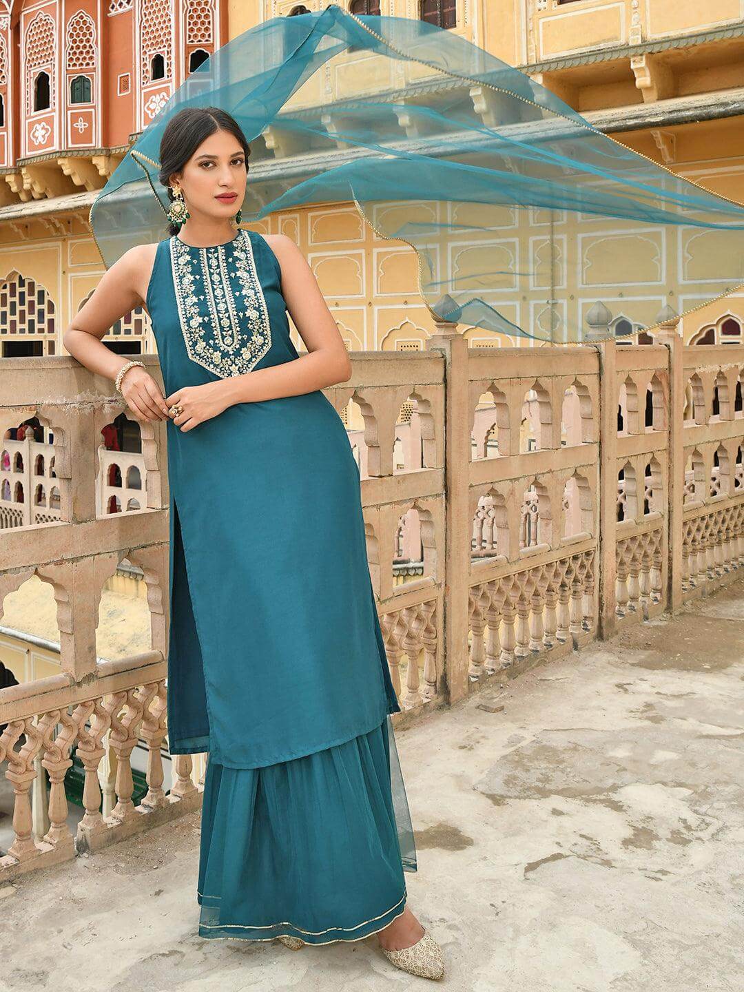 Teal Green Poly Silk Embroidered Kurta with Sharara and Dupatta
