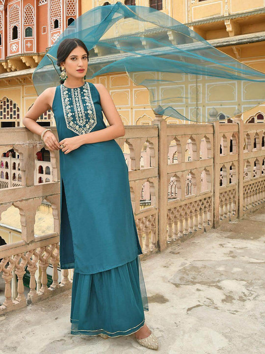 Teal Green Poly Silk Embroidered Kurta with Sharara and Dupatta