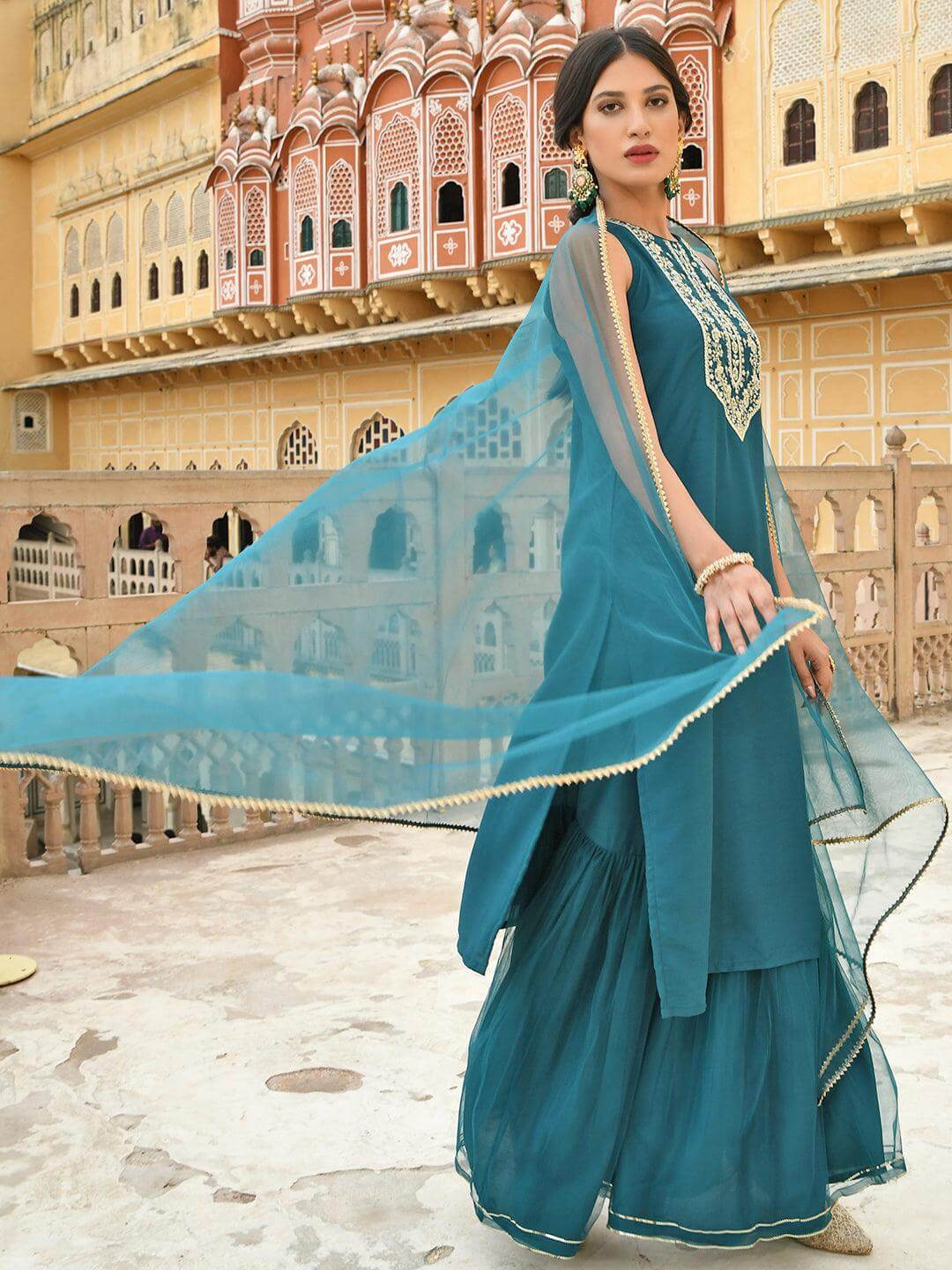 Teal Green Poly Silk Embroidered Kurta with Sharara and Dupatta