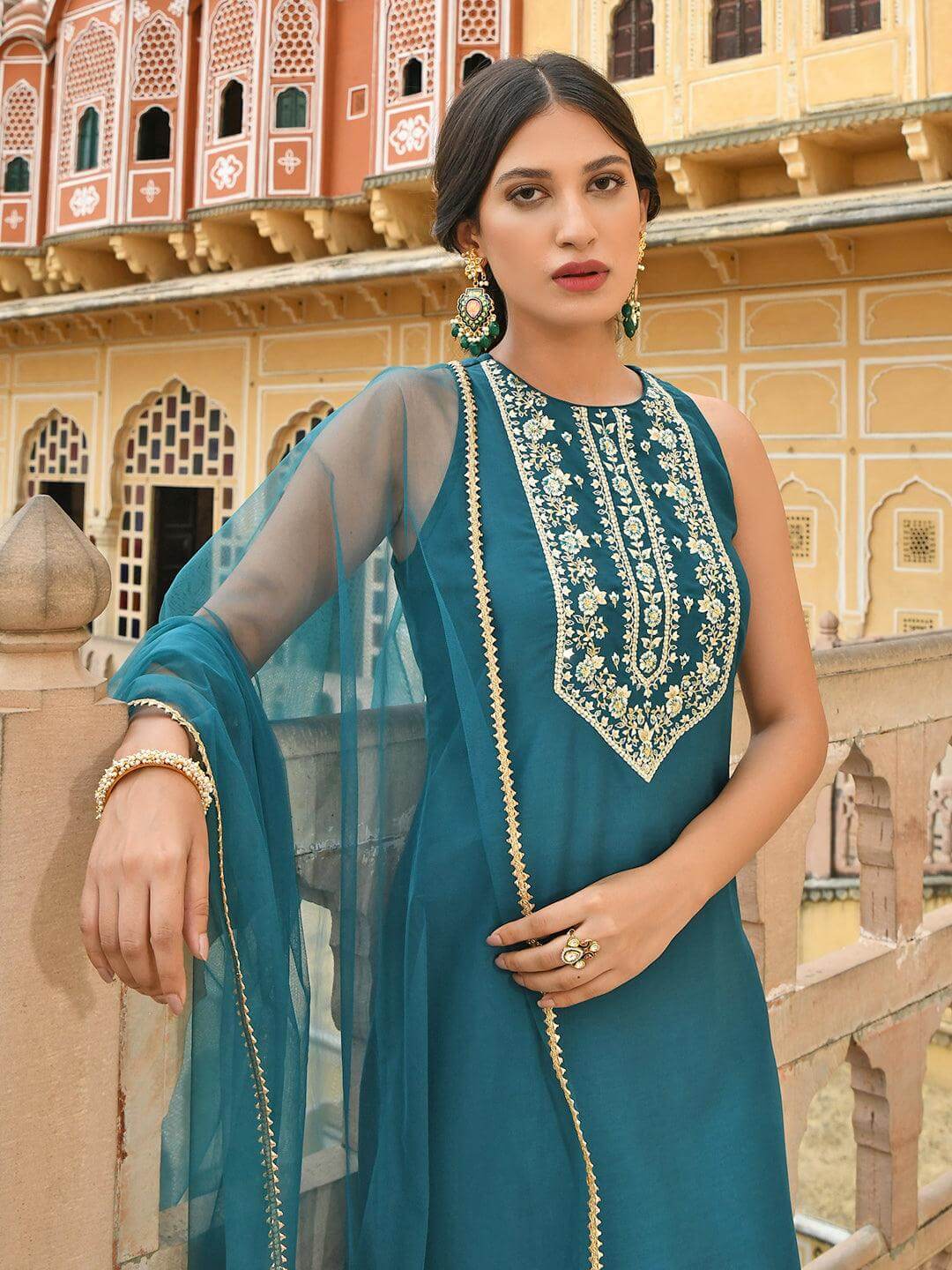 Teal Green Poly Silk Embroidered Kurta with Sharara and Dupatta
