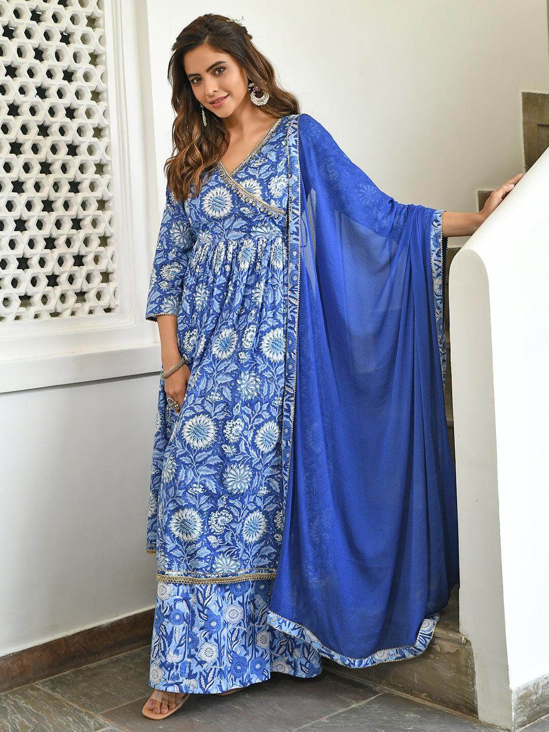 Blue Cotton Floral Block Print Kurta with Flared Palazzo and Dupatta