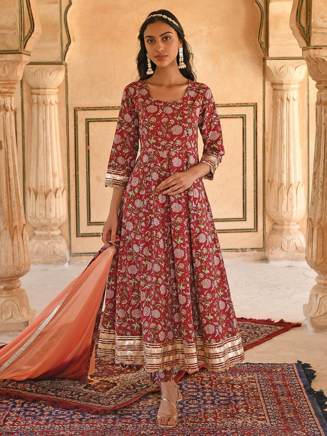 Maroon Cotton Floral Block Print Kurta with Pant and Dupatta