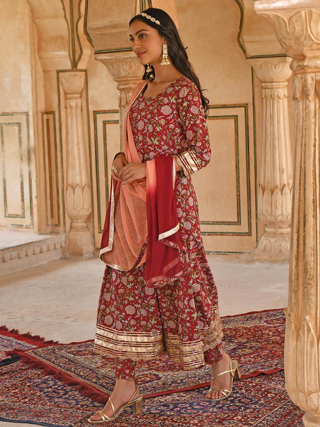 Maroon Cotton Floral Block Print Kurta with Pant and Dupatta