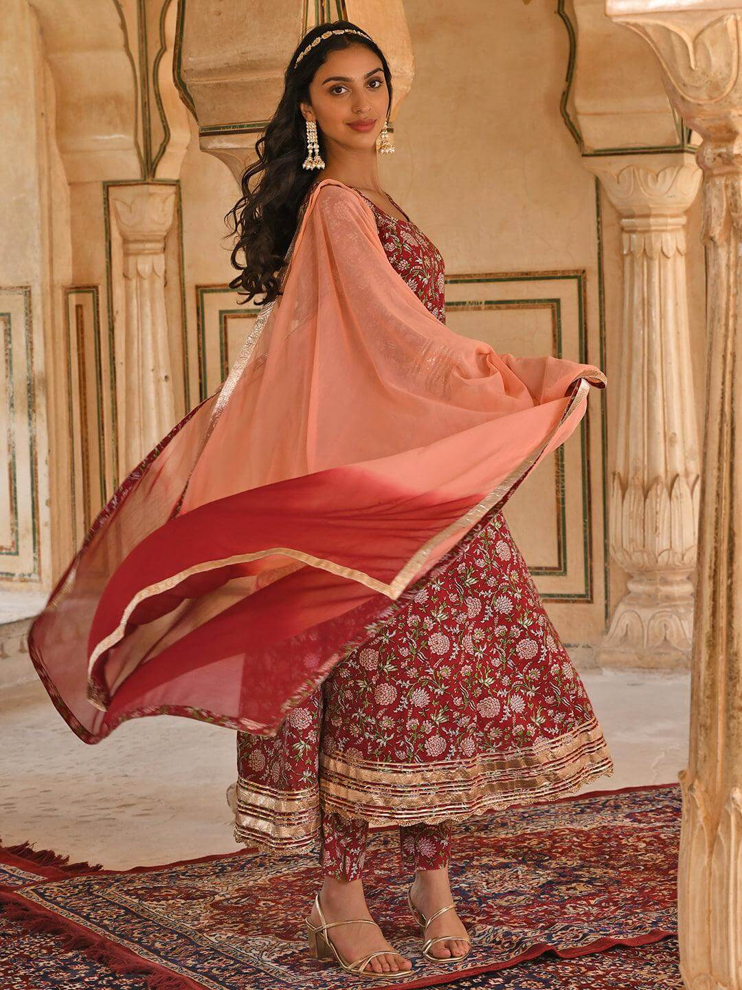 Maroon Cotton Floral Block Print Kurta with Pant and Dupatta