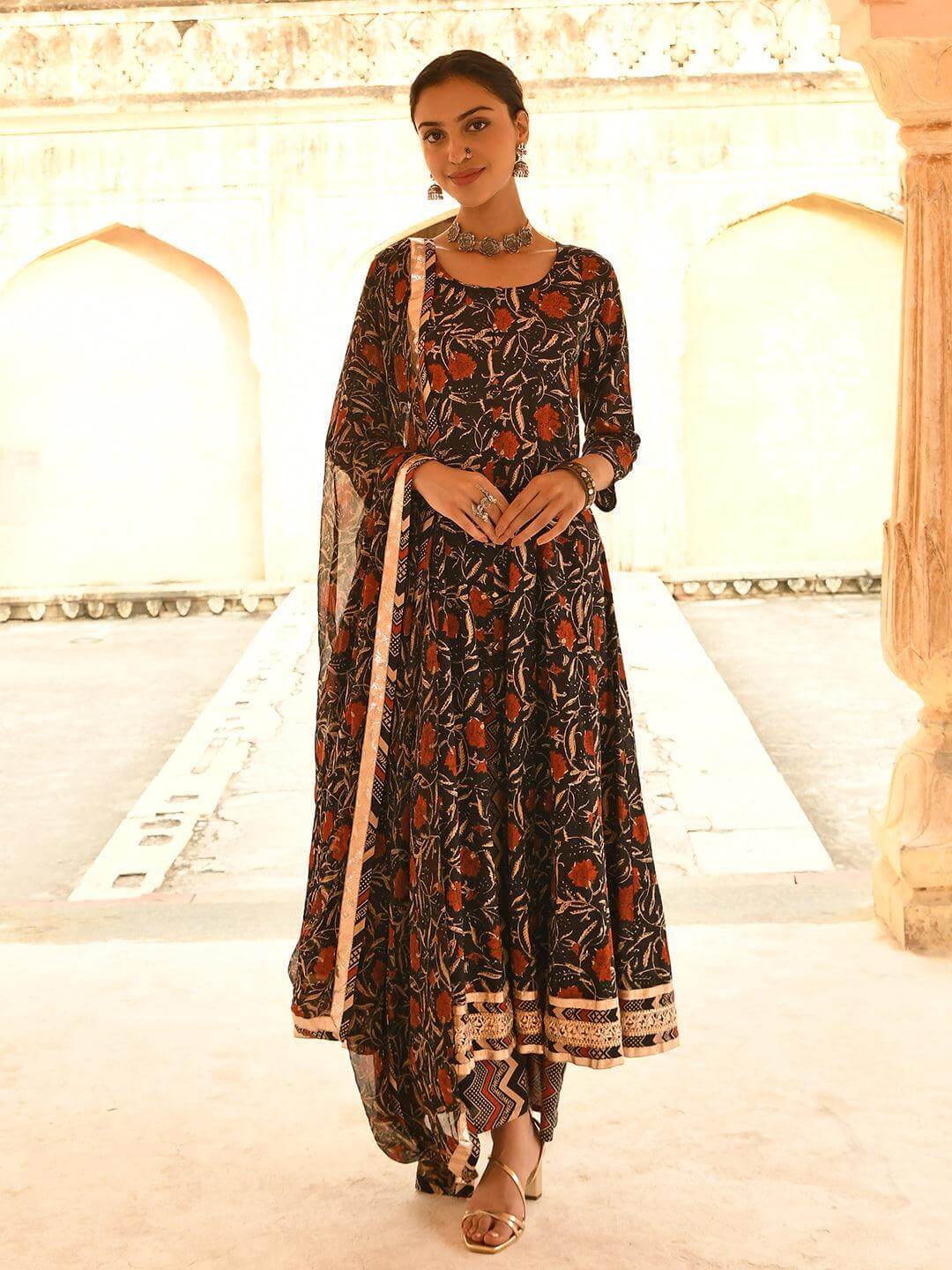 Black Cotton Floral Block Print Kurta with Flared Palazzo and Dupatta