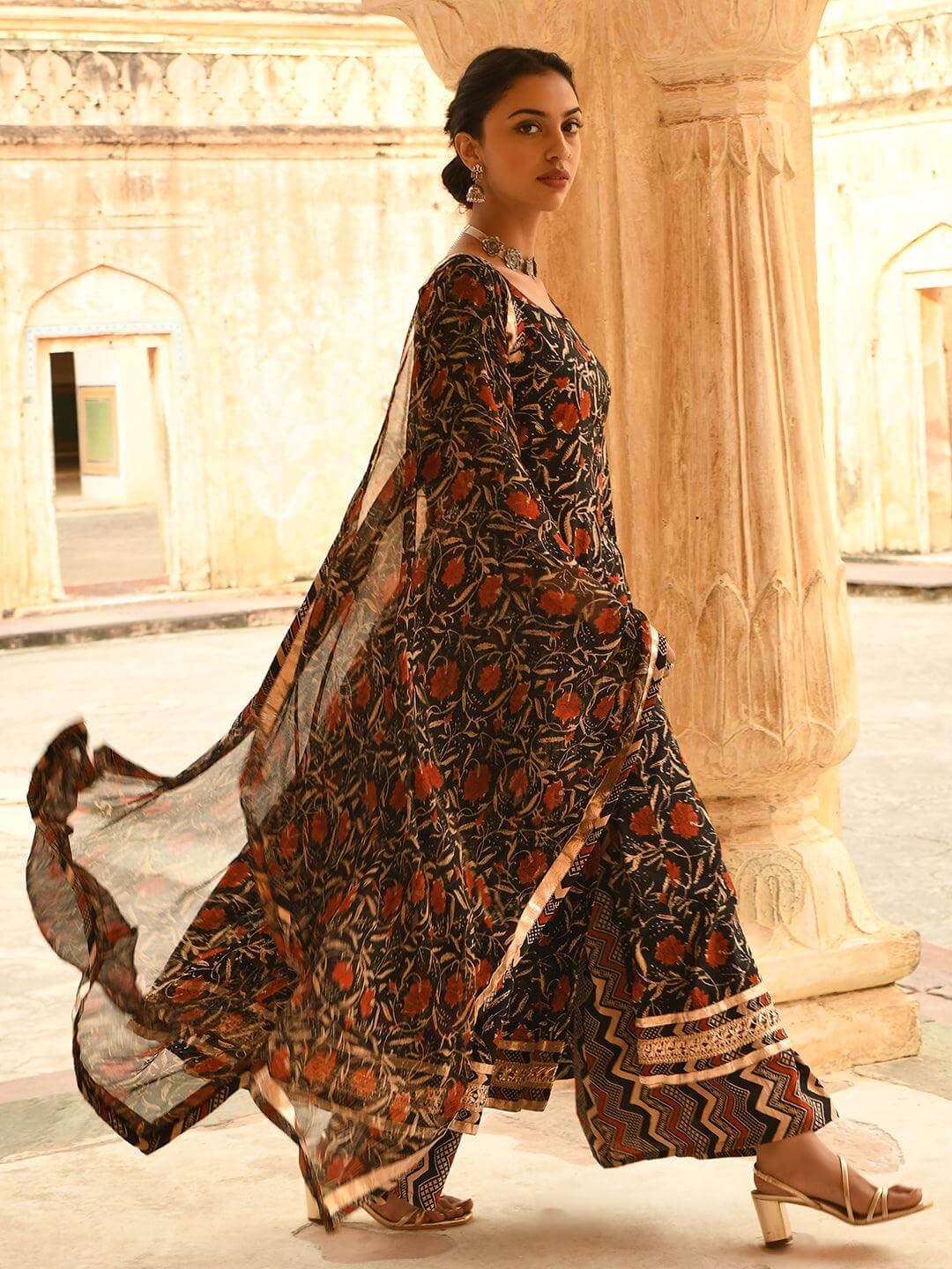 Black Cotton Floral Block Print Kurta with Flared Palazzo and Dupatta