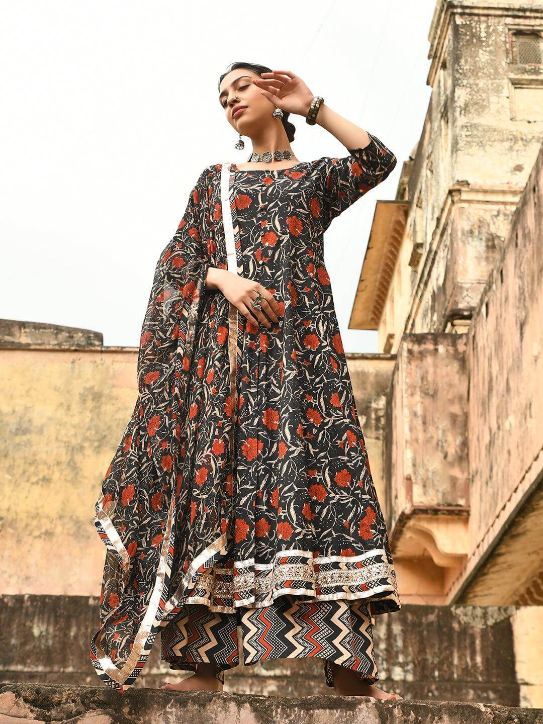 Black Cotton Floral Block Print Kurta with Flared Palazzo and Dupatta