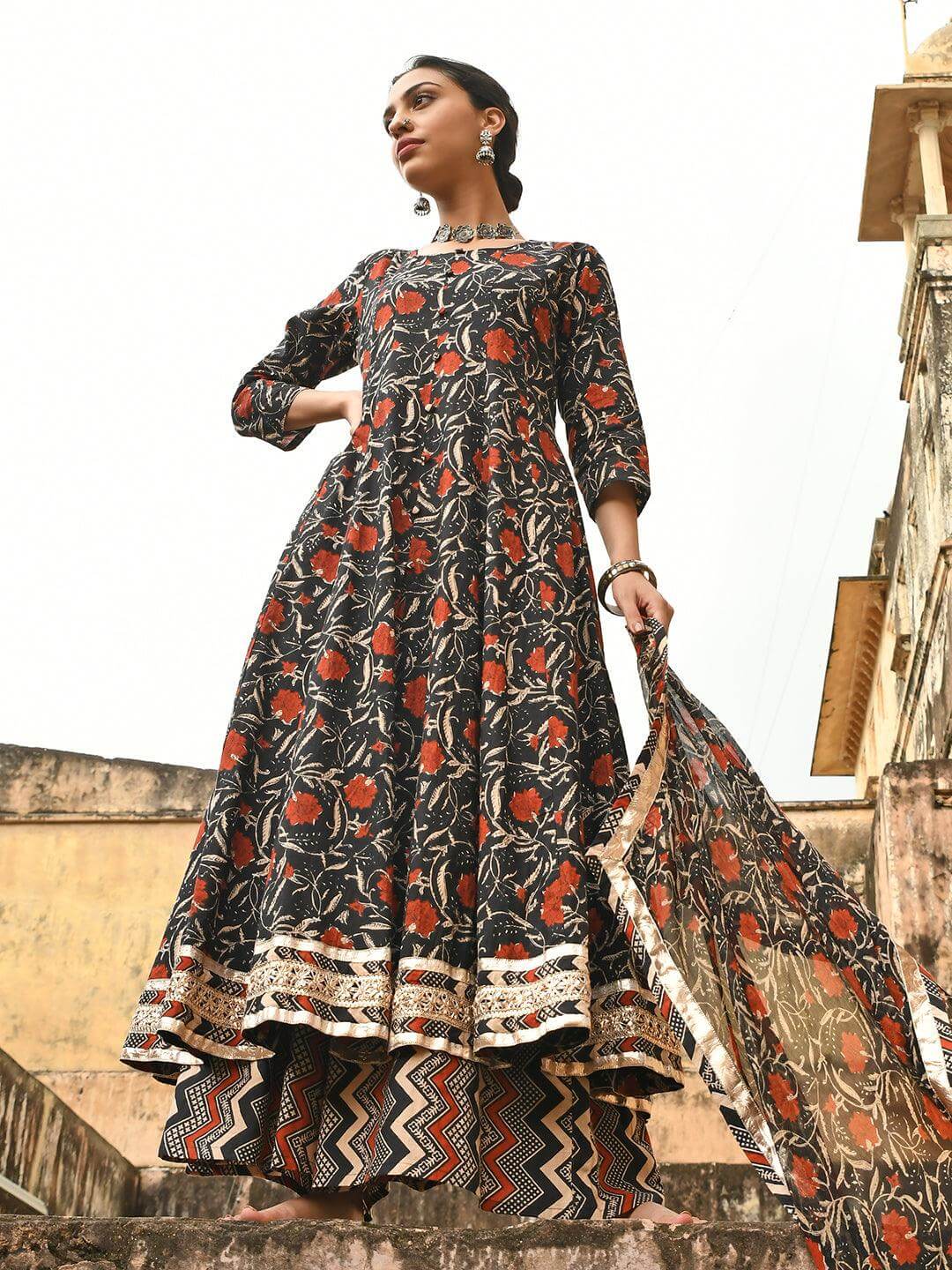Black Cotton Floral Block Print Kurta with Flared Palazzo and Dupatta