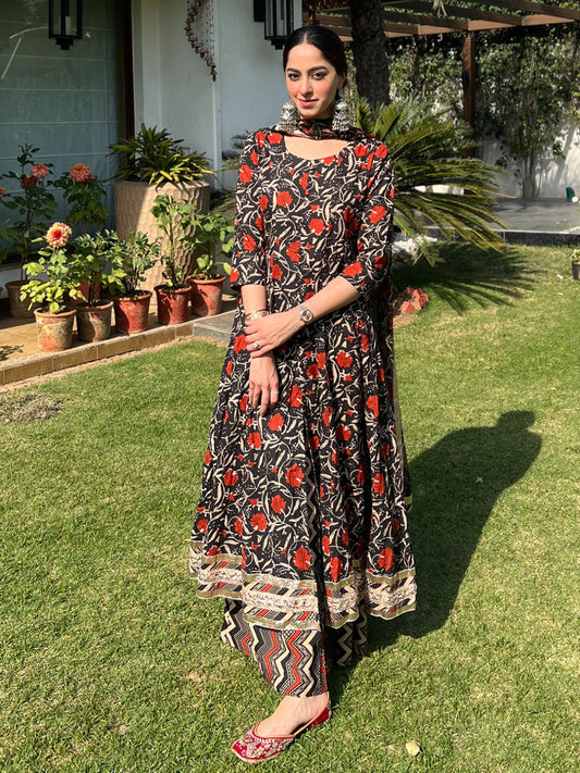 Black Cotton Floral Block Print Kurta with Flared Palazzo and Dupatta