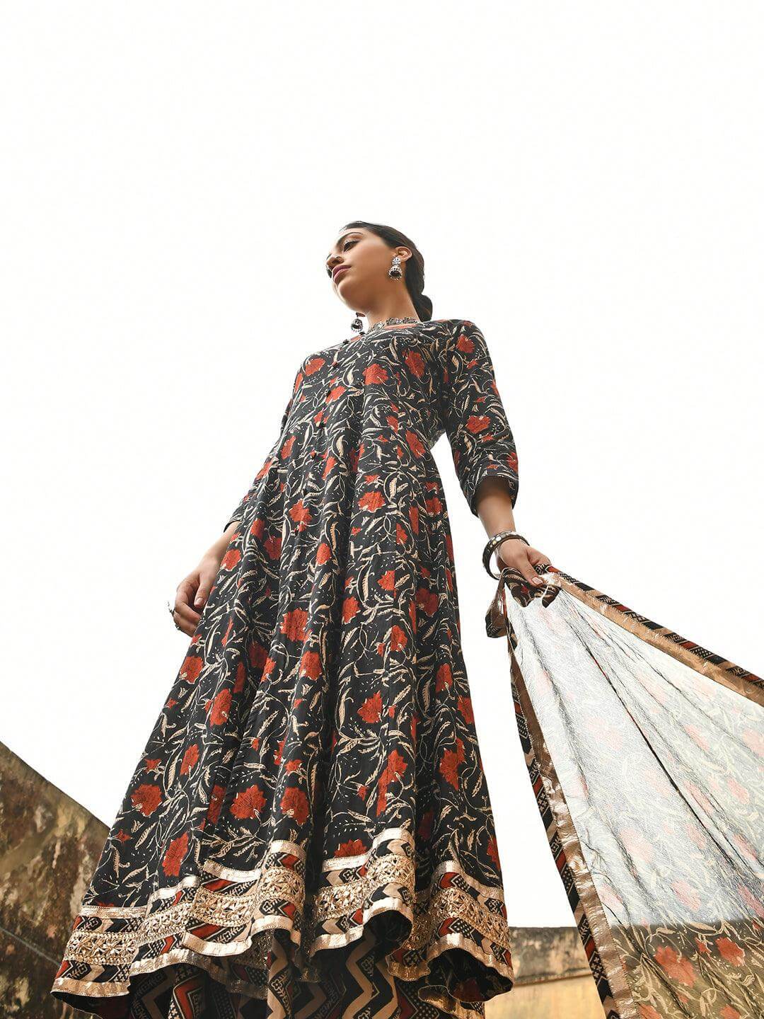 Black Cotton Floral Block Print Kurta with Flared Palazzo and Dupatta
