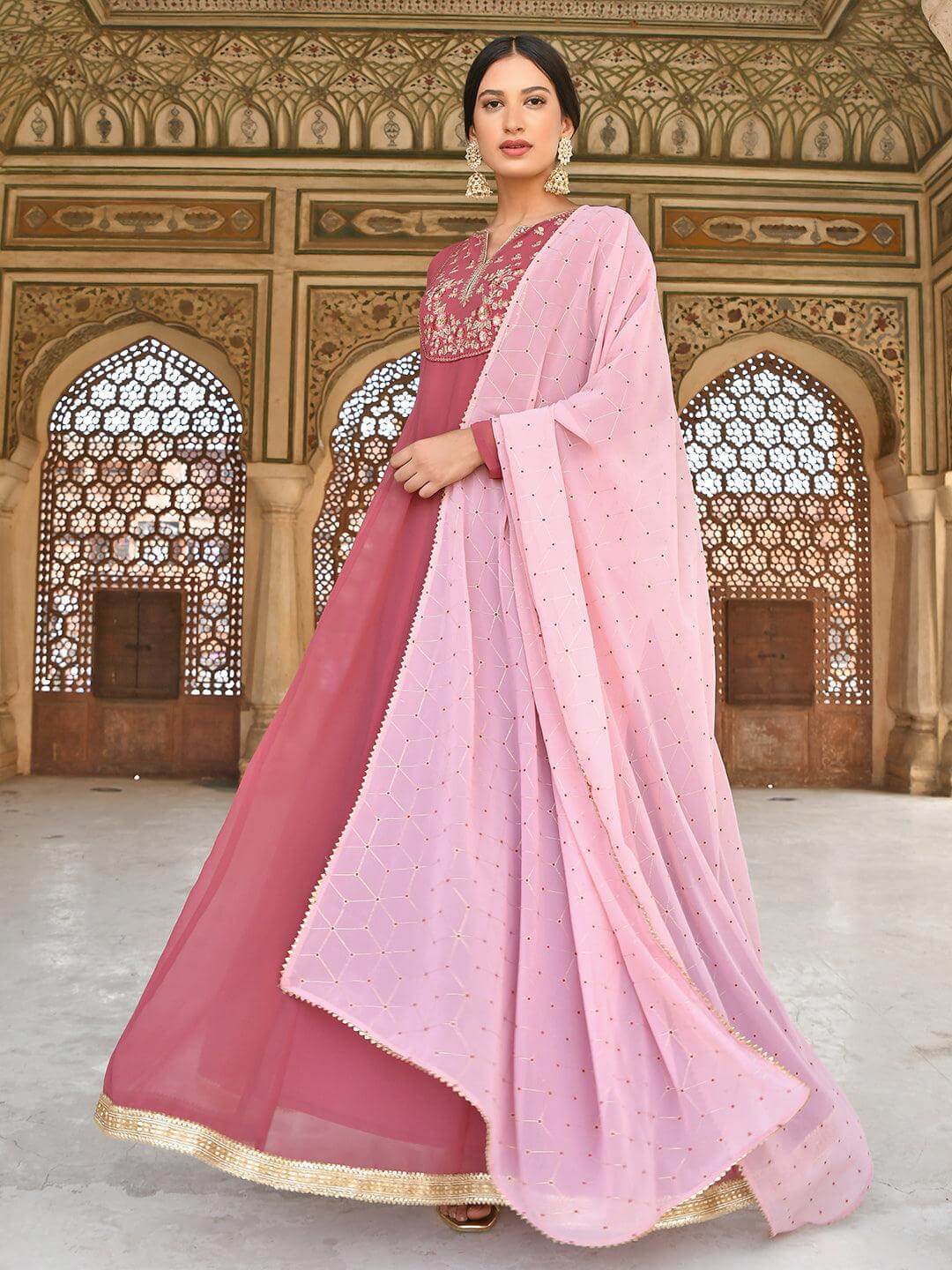 Old Rose Georgette Embroidered Kurta with Dupatta