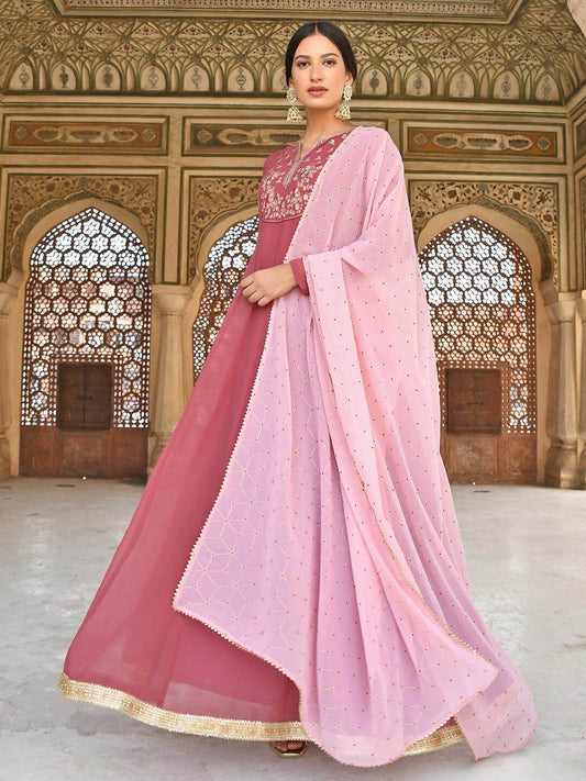 Old Rose Georgette Embroidered Kurta with Dupatta