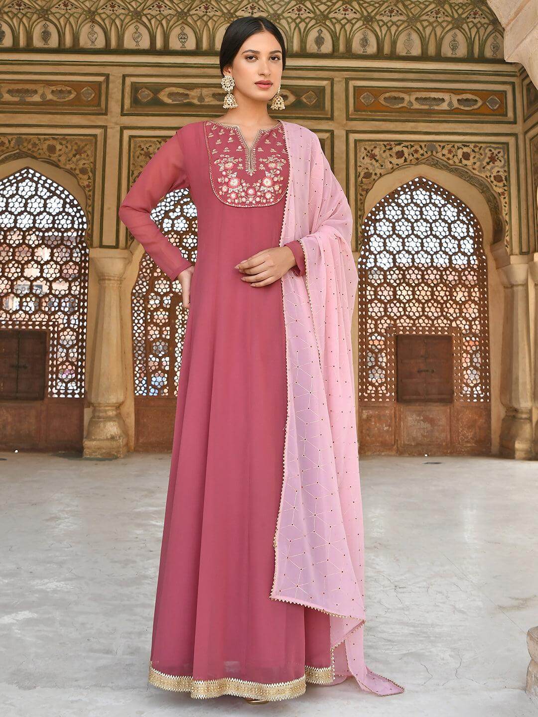 Old Rose Georgette Embroidered Kurta with Dupatta