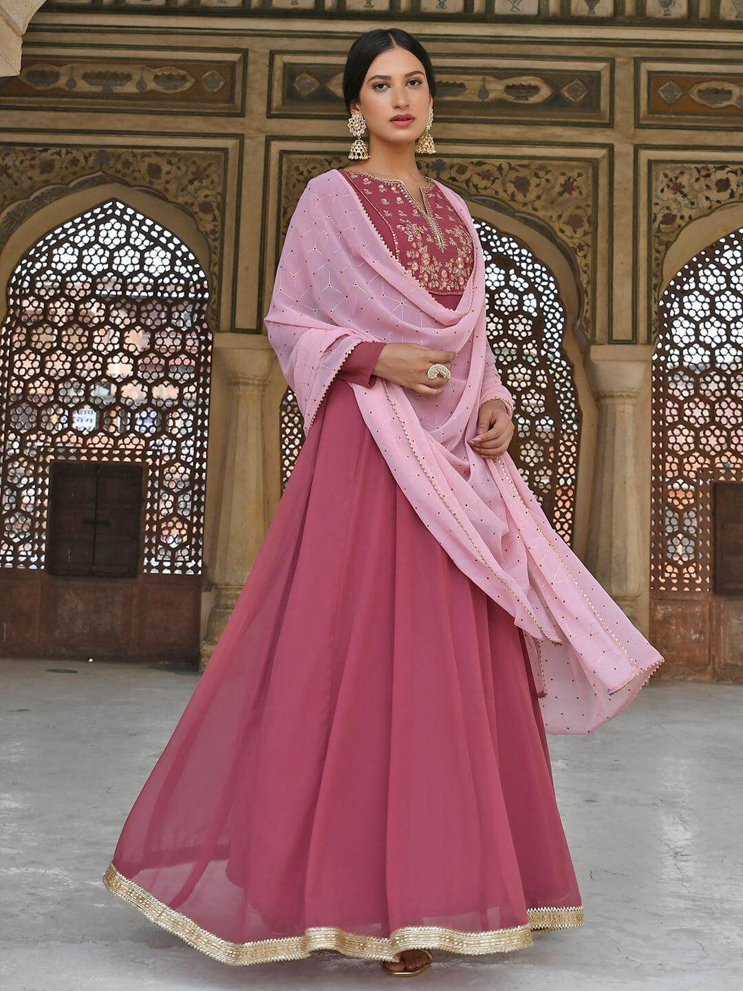 Old Rose Georgette Embroidered Kurta with Dupatta