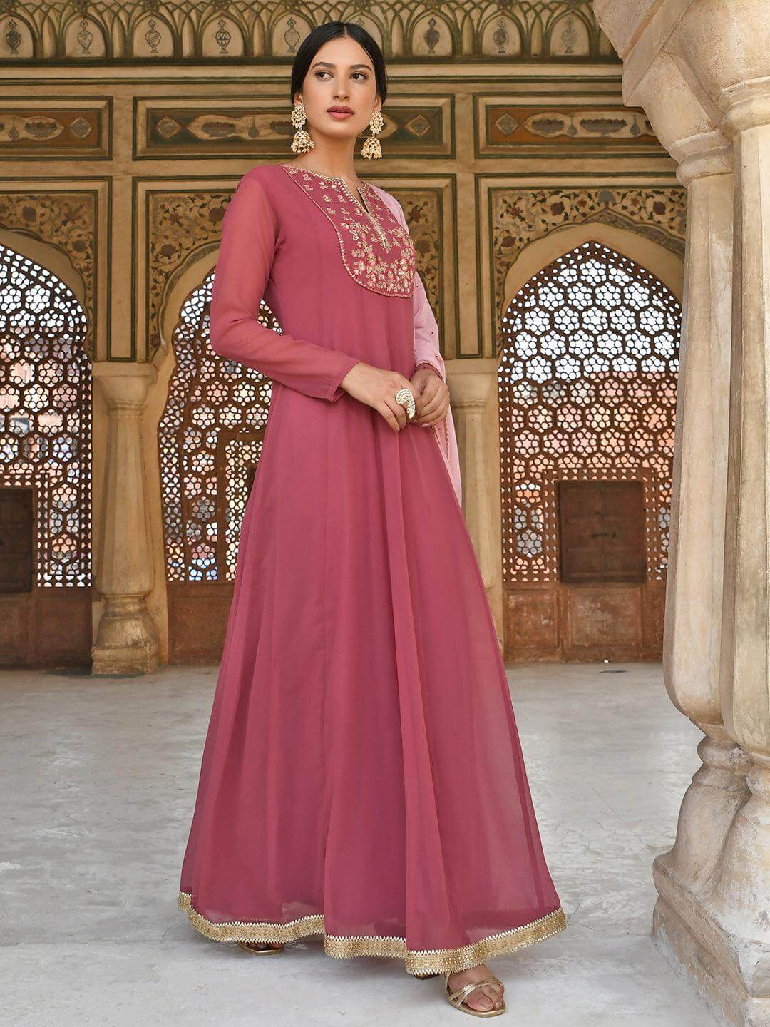 Old Rose Georgette Embroidered Kurta with Dupatta