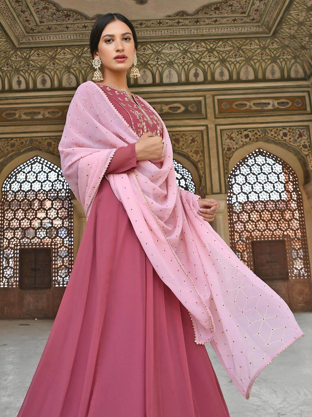 Old Rose Georgette Embroidered Kurta with Dupatta